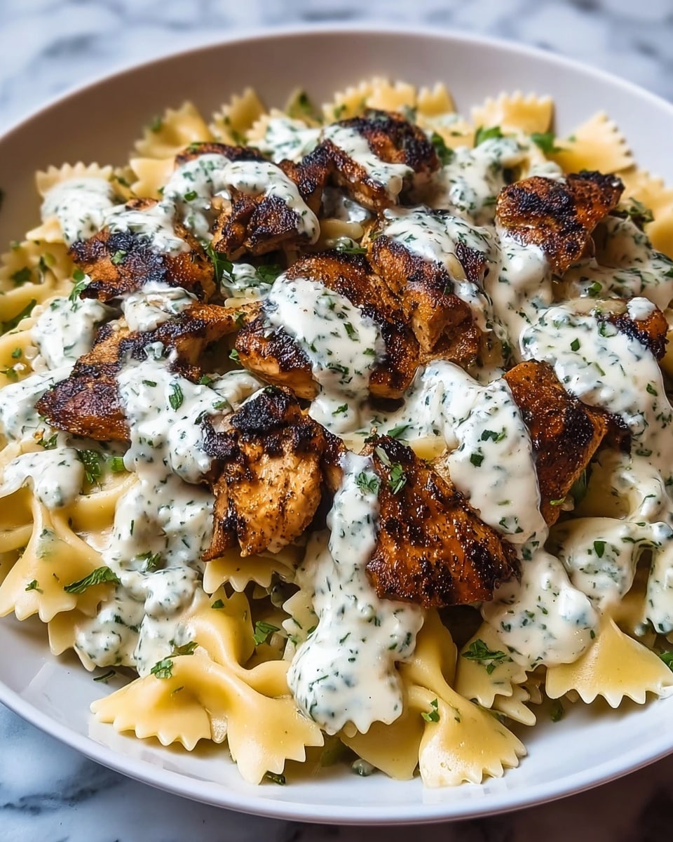 A white bowl filled with three layers: the bottom layer is bowtie pasta coated in a creamy white sauce with specks of herbs and pepper, the middle layer consists of golden brown grilled chicken pieces with a slightly charred texture, and the top layer is a light sprinkle of chopped green parsley scattered over the chicken and pasta. The creamy sauce has small flecks of black pepper and herbs that cling to both pasta and chicken, creating a rich, textured look. The background features a white marbled texture. photo taken with an iphone --ar 4:5 --v 7