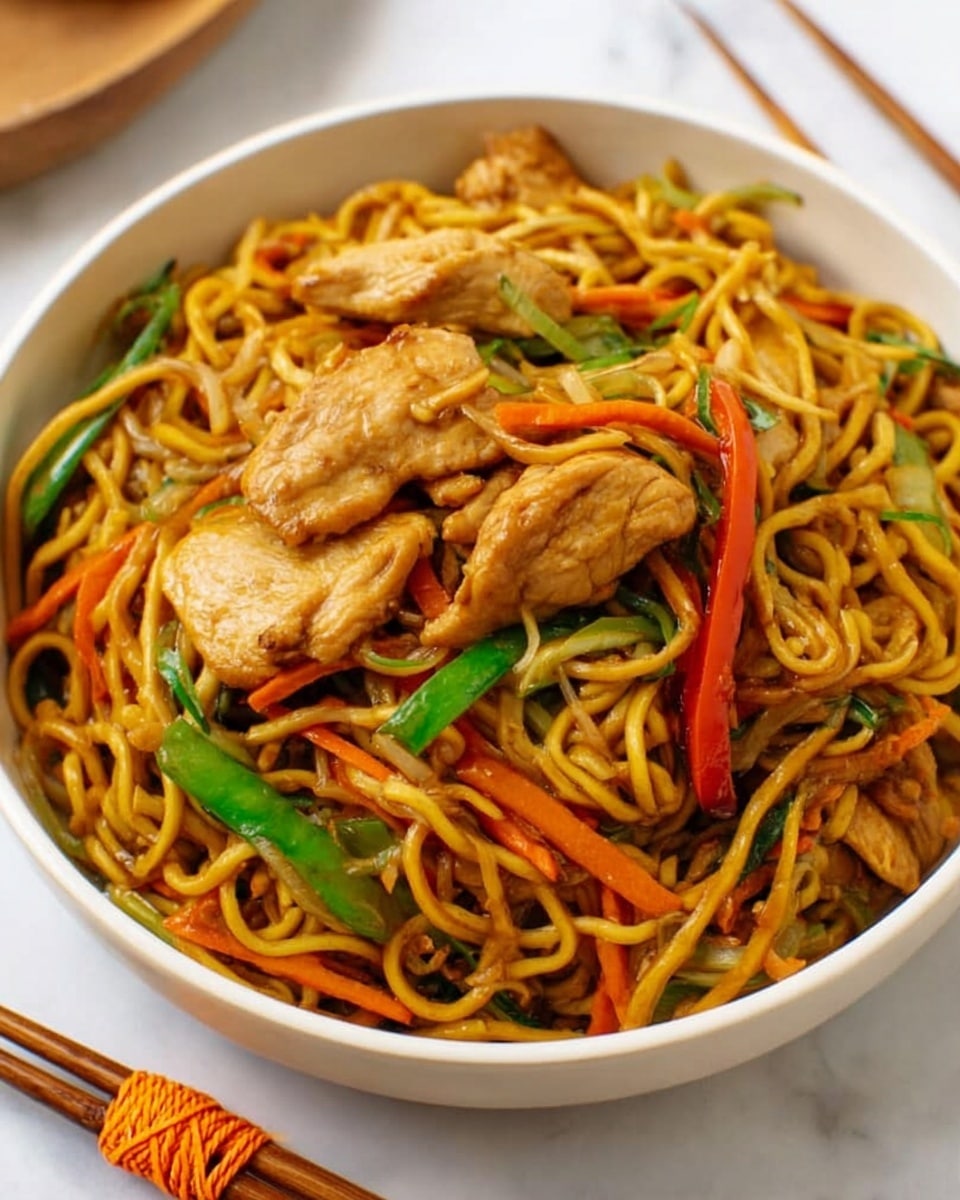 A white bowl filled with stir-fried noodles that are golden brown with a slightly glossy texture, mixed evenly with thin, soft strips of orange carrots and green, crisp vegetable pieces. There are several larger chunks of cooked chicken on top, light brown in color with a slightly crispy look. A few bright red strips of pepper add a pop of color among the noodles and vegetables. The bowl sits on a white marbled surface with a pair of wooden chopsticks wrapped with orange string resting nearby. photo taken with an iphone --ar 4:5 --v 7