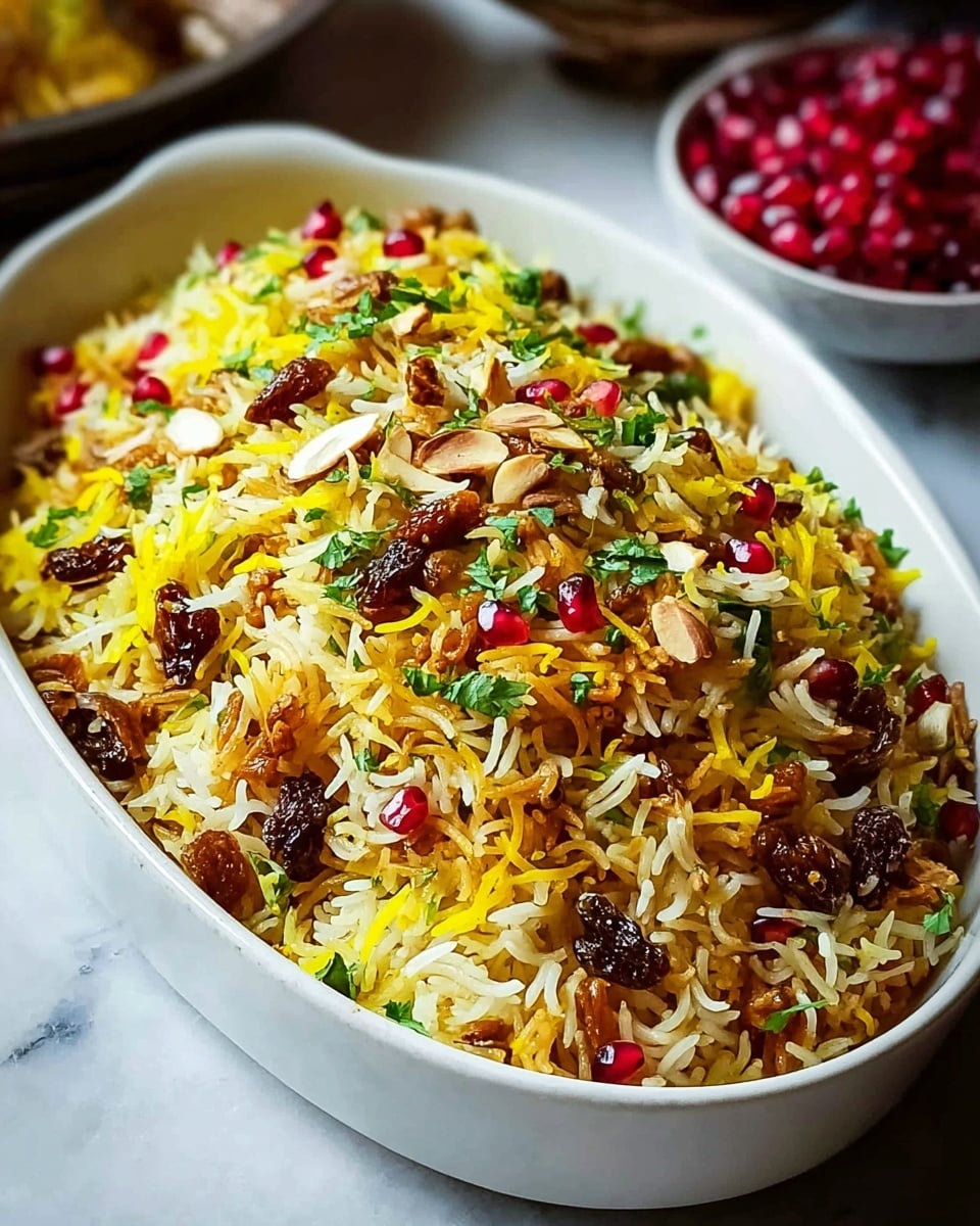 The image shows a white oval dish filled with a colorful rice dish. The rice is long-grain and fluffy, mixed with bright yellow strands like saffron or turmeric. Scattered throughout are dark red raisins, green chopped herbs, small red pomegranate seeds, and light brown toasted nuts. The dish sits on a white marbled surface with a soft focus on a bowl of red pomegranate seeds in the background. The textures of the rice and toppings create a rich, inviting look. photo taken with an iphone --ar 4:5 --v 7