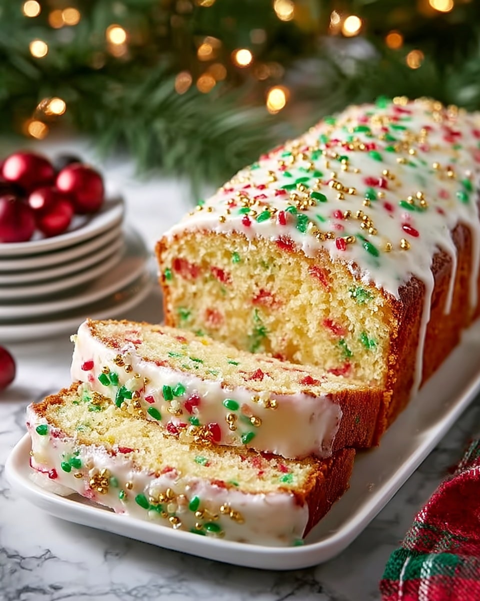 A loaf cake with two slices cut from it is shown on a white rectangular plate placed on a white marbled surface. The cake has a light yellow, soft texture with red and green bits evenly spread inside the bread. The top of the cake is coated with a white glaze that drips slightly down the sides, and it is decorated with tiny round red and green sprinkles. In the background, there are blurred golden lights and red Christmas ornaments, giving a festive feel. Photo taken with an iphone --ar 4:5 --v 7