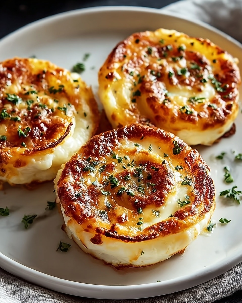Two round, thick, golden-brown baked cheese dishes with slightly charred tops are placed on simple white plates. Each dish has three layers: the bottom layer is a creamy, white cheese filling that peeks slightly at the edges, the middle layer is a smooth, pale yellow custard-like mixture, and the top layer is a caramelized golden crust with darker brown spots and small green herbs sprinkled on top. The plates sit on a white marbled surface, with a hint of a dark gray cloth nearby. photo taken with an iphone --ar 4:5 --v 7