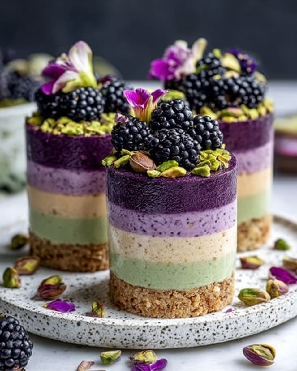 Three layered dessert cups are shown on a round white plate with a white marbled background. Each cup has four visible layers: the bottom is a crunchy golden-brown layer, above it is a smooth light green layer, followed by a creamy white layer, and then a bright magenta layer on top. The top layer is decorated with blackberries, green pistachios, and small purple edible flowers. The desserts are neat and vibrant, showing clear separation of each colorful layer. photo taken with an iphone --ar 4:5 --v 7