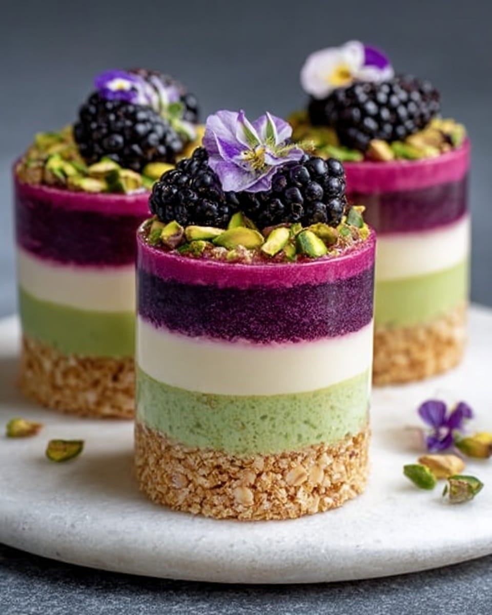 Three layered dessert cups stand on a round white plate with a speckled texture, all placed on a white marbled surface. Each dessert cup has four distinct layers starting from the bottom with a crumbly light brown layer, followed by a smooth light green layer, then a creamy beige layer, and topped with a thick vibrant purple layer with black specks. On top of each purple layer, there are fresh blackberries, green pistachios, and small purple flowers as decoration. Scattered around the plate are extra blackberries, pistachios, and purple petals. photo taken with an iphone --ar 4:5 --v 7