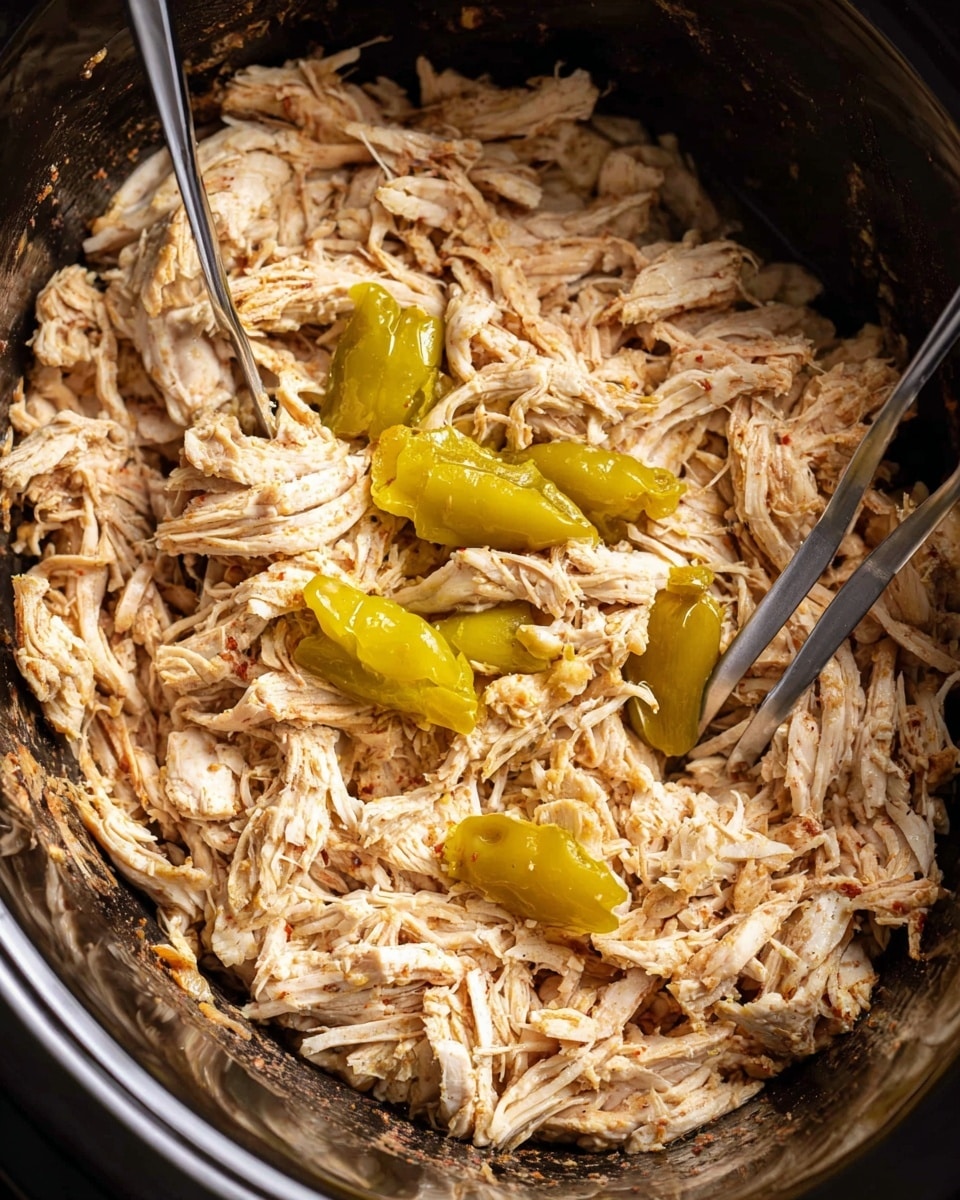 A white bowl filled with two layers is placed on a white marbled surface. The bottom layer is creamy white mashed potatoes, thick and fluffy, spreading evenly to cover the bowl. On top of the mashed potatoes is a thick layer of shredded chicken mixed with small pieces of chopped green herbs, giving it a slightly textured, juicy look. Three whole yellow pepperoncini peppers sit on the chicken, their shiny skin contrasting with the soft textures beneath. Additional chopped green herbs are sprinkled lightly over the top. Photo taken with an iphone --ar 4:5 --v 7