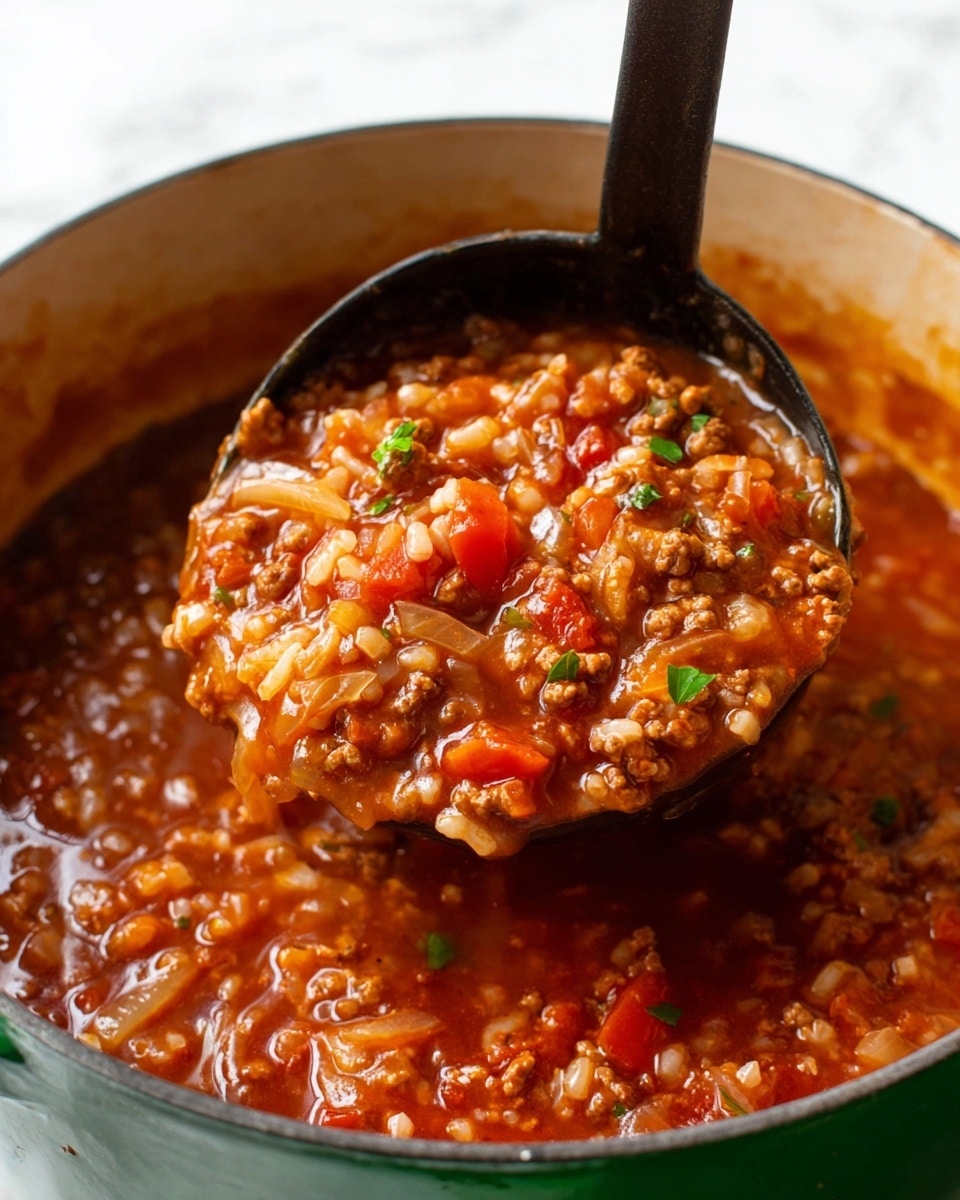 The image shows a close-up of a thick, chunky stew held in a black ladle inside a green pot. The stew has a rich reddish-brown color with visible pieces of ground meat, cooked rice, diced red tomatoes, and translucent slices of cooked onions. Small green herb flakes are scattered throughout the stew, adding a touch of color. The texture looks hearty and saucy, with the stew slightly thick and glossy, coating the meat and vegetables well. The green pot has a white interior, and the background surface is a white marbled texture. photo taken with an iphone --ar 4:5 --v 7