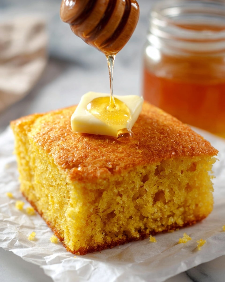 A close-up image of a single thick slice of golden-yellow cornbread on a white plate, showing a crumbly and moist texture with a slightly crisp brown crust on top and sides; a smooth pale yellow pat of butter rests on the top right edge, slightly melting, and there is a light drizzle of honey visible on the plate around the slice; in the blurred background, a glass jar of honey with a honey dipper and a glass bowl with cinnamon are placed on a white marbled surface. photo taken with an iphone --ar 4:5 --v 7
