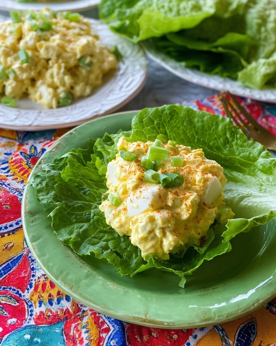 A scoop of creamy yellow egg salad with visible bits of chopped egg whites and green celery sits in the center of a single layer of large green lettuce leaves on a round green plate. The egg salad is topped with a light sprinkle of paprika and finely sliced green onions. In the background, there is a white plate with more egg salad showing similar creamy texture and ingredients, and another white dish with fresh green lettuce leaves. All dishes rest on a colorful fabric with red, yellow, and blue patterns over a white marbled surface. photo taken with an iphone --ar 4:5 --v 7