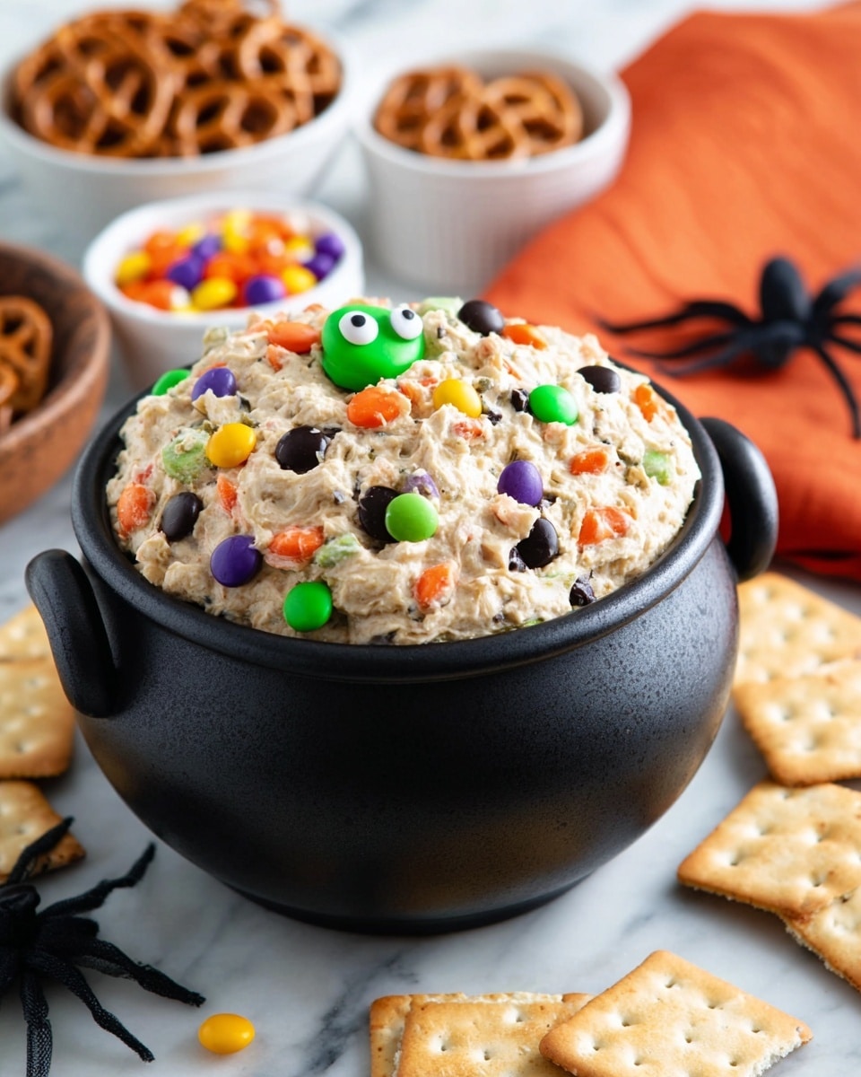 The image shows a black pot filled to the brim with a chunky, creamy mixture made of small colorful candy-coated chocolates in orange, green, purple, and dark brown, mixed with chocolate chips, giving it a rough texture. Nestled in the mixture is a small black decoration shaped like eyes with green pupils, peeking out playfully. In the background, there is a white bowl filled with small pretzels and another small black bowl filled with more of the same colorful candies. Around the pot on a white marbled surface are pieces of square crackers, an orange cloth napkin, and a small plastic black spider, adding a festive and fun touch. photo taken with an iphone --ar 4:5 --v 7