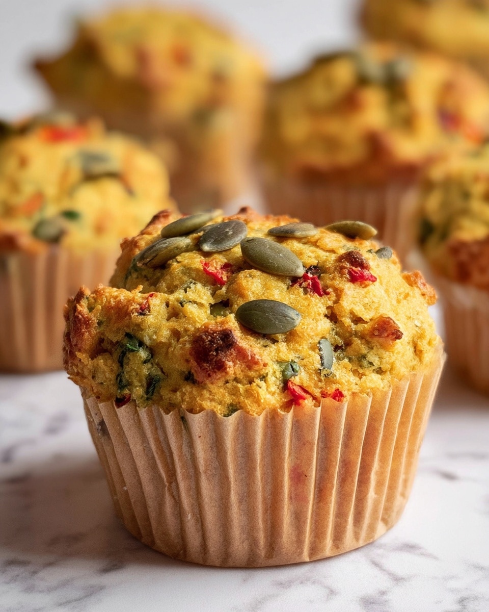 A close-up view of a baked muffin with a golden brown top and a textured surface showing bits of green leafy vegetables and small red pieces, studded with pumpkin seeds scattered on top. The muffin sits inside a light brown paper cup liner with vertical ridges. The background features other similar muffins slightly out of focus resting on a white marbled surface. photo taken with an iphone --ar 4:5 --v 7