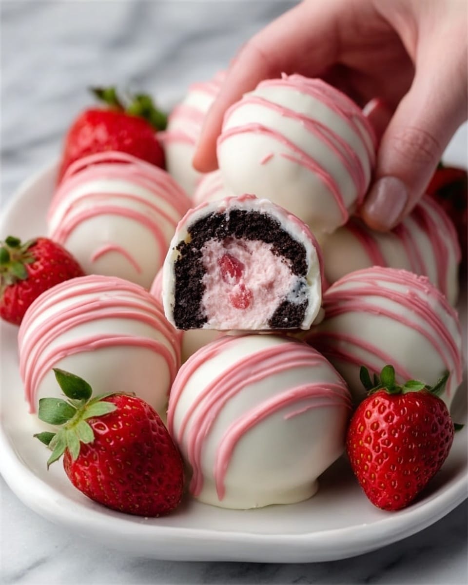 The image shows several round treats arranged on a white plate on a white marbled surface. Each treat has a smooth white coating with light pink stripes drizzled across the top. One of the treats is bitten into, revealing a creamy pink center with a dark crumbly base layer inside. Around the treats, there are small fresh strawberries with green leaves, adding a pop of red and green color to the scene. Photo taken with an iphone --ar 4:5 --v 7