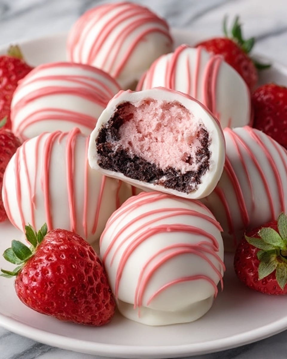 The image shows a white plate filled with round dessert balls covered in white chocolate with pink stripes on top. Each ball has a smooth creamy texture with visible pink filling on the inside and a dark chocolate cookie base at the bottom. Fresh red strawberries with green stems are placed around the dessert balls, adding a bright color contrast. A woman's hand is holding one dessert ball to show the inside creamy pink filling. The plate is set on a white marbled surface. photo taken with an iphone --ar 4:5 --v 7