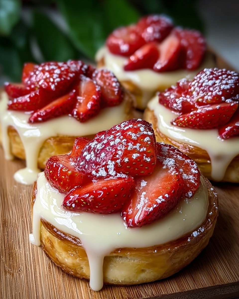The image shows several round pastries with three visible layers. The bottom layer is a light golden brown flaky pastry with a slightly shiny glaze. On top of this is a thick, smooth white cream filling that looks soft and glossy. The top layer consists of bright red strawberry halves, arranged evenly around the cream, with small white powdered sugar sprinkles adding a fine texture. Some of the white cream is dripping slightly down the sides of the pastry. The pastries are placed closely together on a light brown wooden surface with a blurred green leaf in the background. photo taken with an iphone --ar 4:5 --v 7