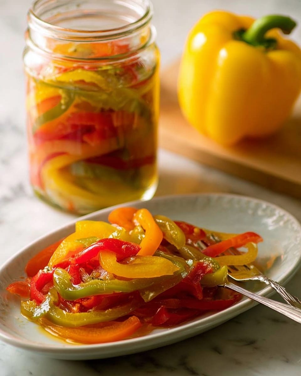 Two clear glass jars are filled with layered pieces of pickled vegetables, showing bright red, yellow, and green chunks throughout. Each jar contains alternating layers of red and yellow bell pepper pieces mixed with green pepper, all soaked in a glossy liquid with visible herbs and spices. The jars sit on a white marbled surface, with a metal jar lid lying next to one jar. In the foreground, there is a small sprig of fresh green parsley beside the jars. The background is softly blurred with hints of red and yellow bell peppers. photo taken with an iphone --ar 4:5 --v 7