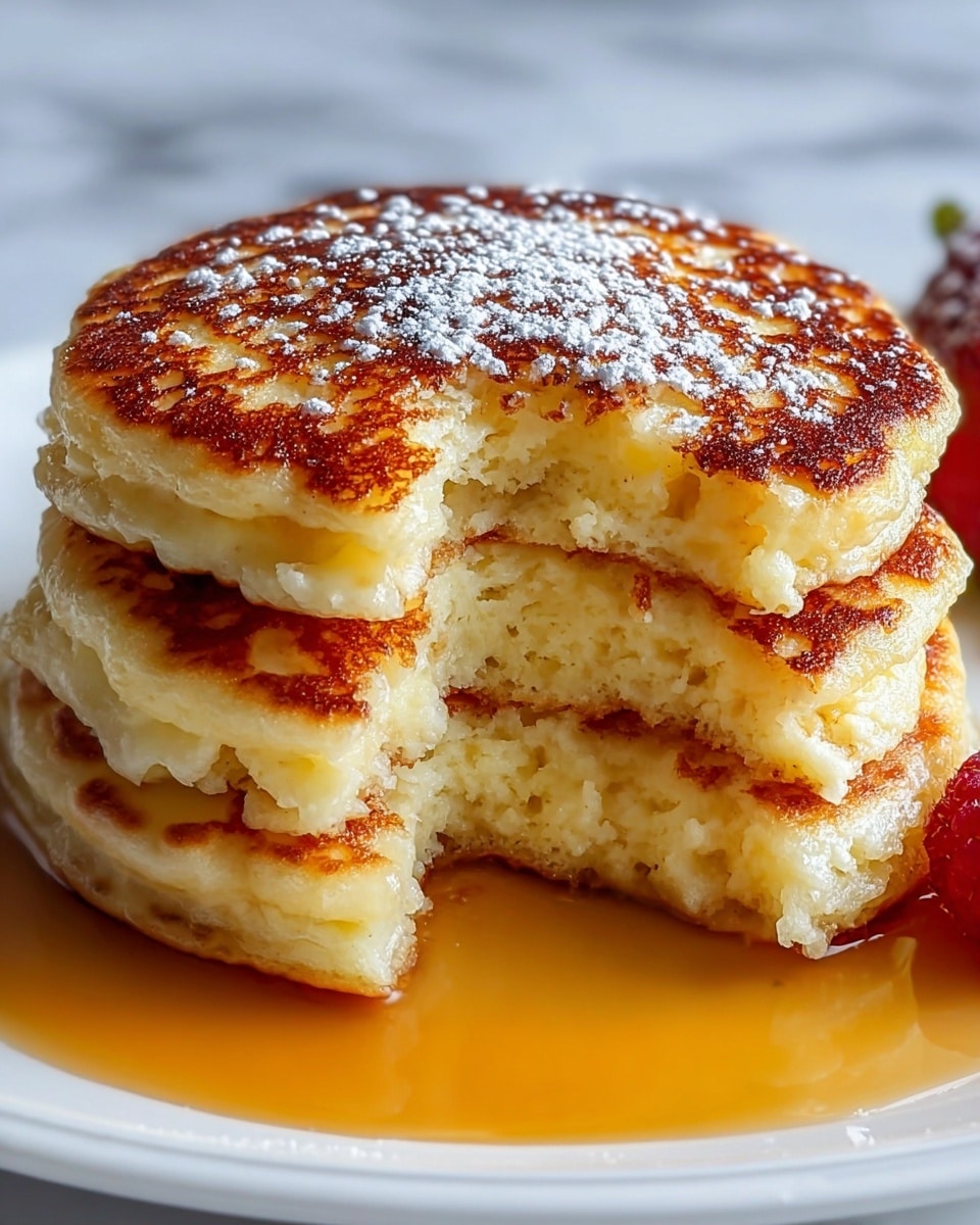 A stack of three thick pancakes sits in the center of a white plate on a white marbled surface, each pancake showing a golden brown, crispy texture on top with soft, airy, pale yellow sides. The top pancake has a bite taken out of its right side, revealing its fluffy inside. Light powdered sugar is sprinkled over the top pancake, and a pool of amber syrup spreads around the base of the pancakes, glistening under the light. A bit of a red berry is visible to the right edge of the plate, adding a small touch of color. Photo taken with an iphone --ar 4:5 --v 7