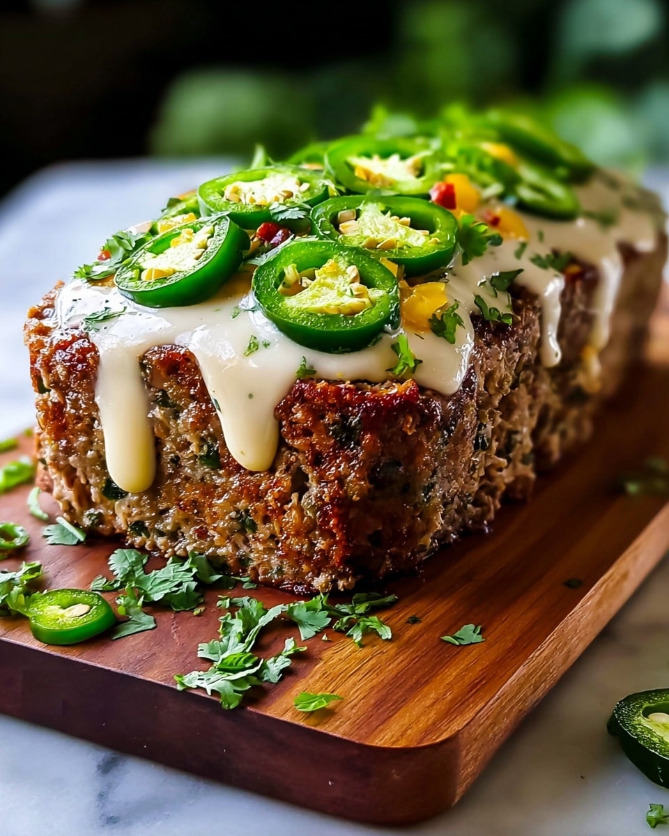 A thick, rectangular meatloaf with a brown, crispy outer layer is topped with a shiny golden-brown glaze. It is drizzled with creamy white sauce in thin lines that run down the sides. On top, there are bright green slices of jalapeño peppers, small diced red and yellow peppers, and sprinkled fresh green herbs. The meatloaf is placed on a wooden board with scattered green herbs around it, against a white marbled texture. Photo taken with an iphone --ar 4:5 --v 7
