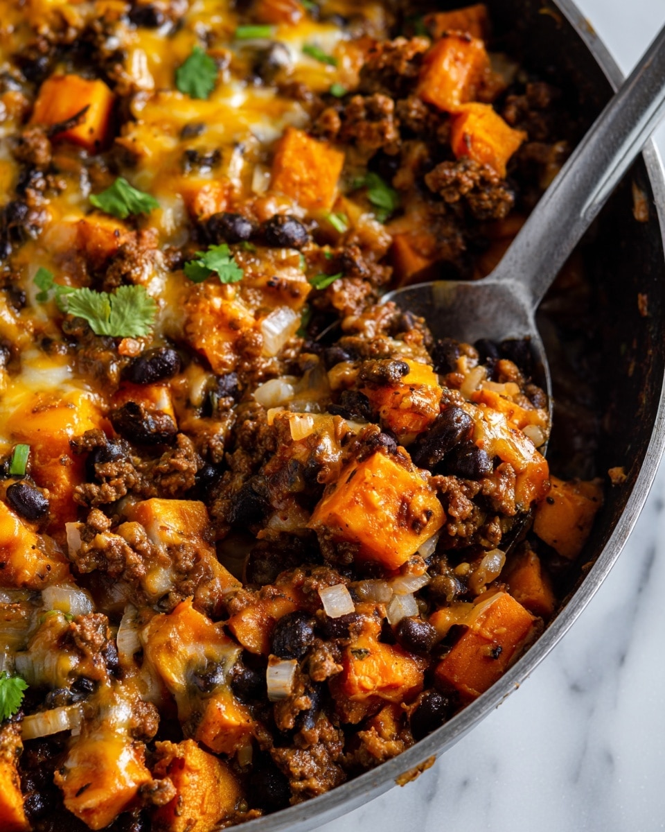 The dish is a hearty mix served on a white plate with ridged edges, placed on a white marbled surface. The main portion is a thick, chunky stew featuring several layers of ingredients: first, small cubed orange squash pieces; second, dark black beans scattered throughout; third, browned ground meat mixed in; all coated with melted golden-yellow cheese strings visible on a fork lifting a bite. On the side, two fresh avocado slices with a pale green color rest against the stew, and small green herb leaves are sprinkled across for color contrast. Photo taken with an iphone --ar 4:5 --v 7