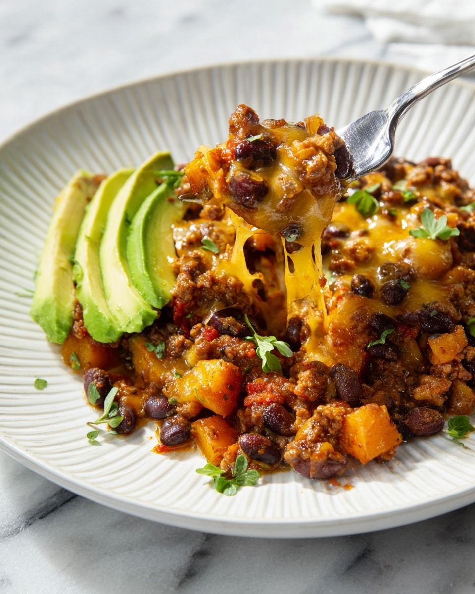 The image shows a close-up of a savory dish in a skillet, with layers of cooked ground beef, black beans, and chunks of bright orange sweet potatoes, all mixed together and topped with melted golden cheddar cheese. Small pieces of translucent cooked onions and bits of green cilantro leaves are scattered throughout, adding contrast. The spoon resting in the dish scoops up a portion, showing the texture and mix of ingredients clearly. The skillet is placed on a white marbled surface. Photo taken with an iphone --ar 4:5 --v 7