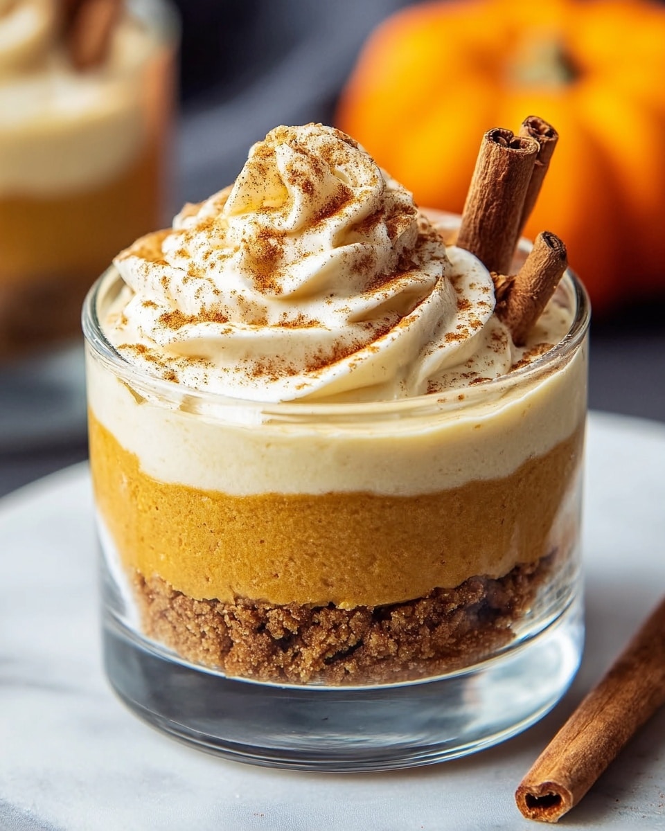 A dessert in a clear glass shows three layers: the bottom layer is a crumbly, light brown crust; the middle layer is a creamy, light beige filling speckled with tiny spices; the top layer is a smooth, golden-brown pumpkin mousse. On top, there is a large swirl of white whipped cream dusted with cinnamon powder, giving it a textured and fluffy look. The glass sits on a white marbled surface, with soft focus pumpkins and cinnamon sticks in the background. photo taken with an iphone --ar 4:5 --v 7
