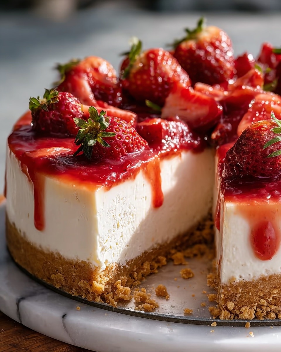 A close-up view of a cheesecake with three visible layers: the bottom layer is a thick, crumbly, golden-brown crust; the middle layer is a smooth, creamy white filling; the top layer is covered with a glossy, bright red strawberry sauce that drips down the sides, topped with whole and sliced fresh strawberries that are shiny and vibrant red with green leaves. The cheesecake rests on a glass plate on a white marbled surface, with natural light highlighting the textures and colors. photo taken with an iphone --ar 4:5 --v 7