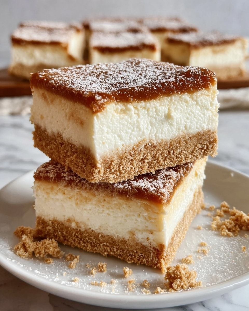 Three square cheesecake bars are stacked on a white plate placed on a white marbled surface. Each bar shows two clear layers: a thick, creamy white cheesecake layer in the middle that looks smooth and dense, and a crumbly golden-brown graham cracker crust at the bottom. The top layer is a thin, glossy brown layer dusted lightly with powdered sugar, giving a slightly textured appearance. Crumbs are scattered lightly around the bars on the plate, adding a natural look. Photo taken with an iphone --ar 4:5 --v 7