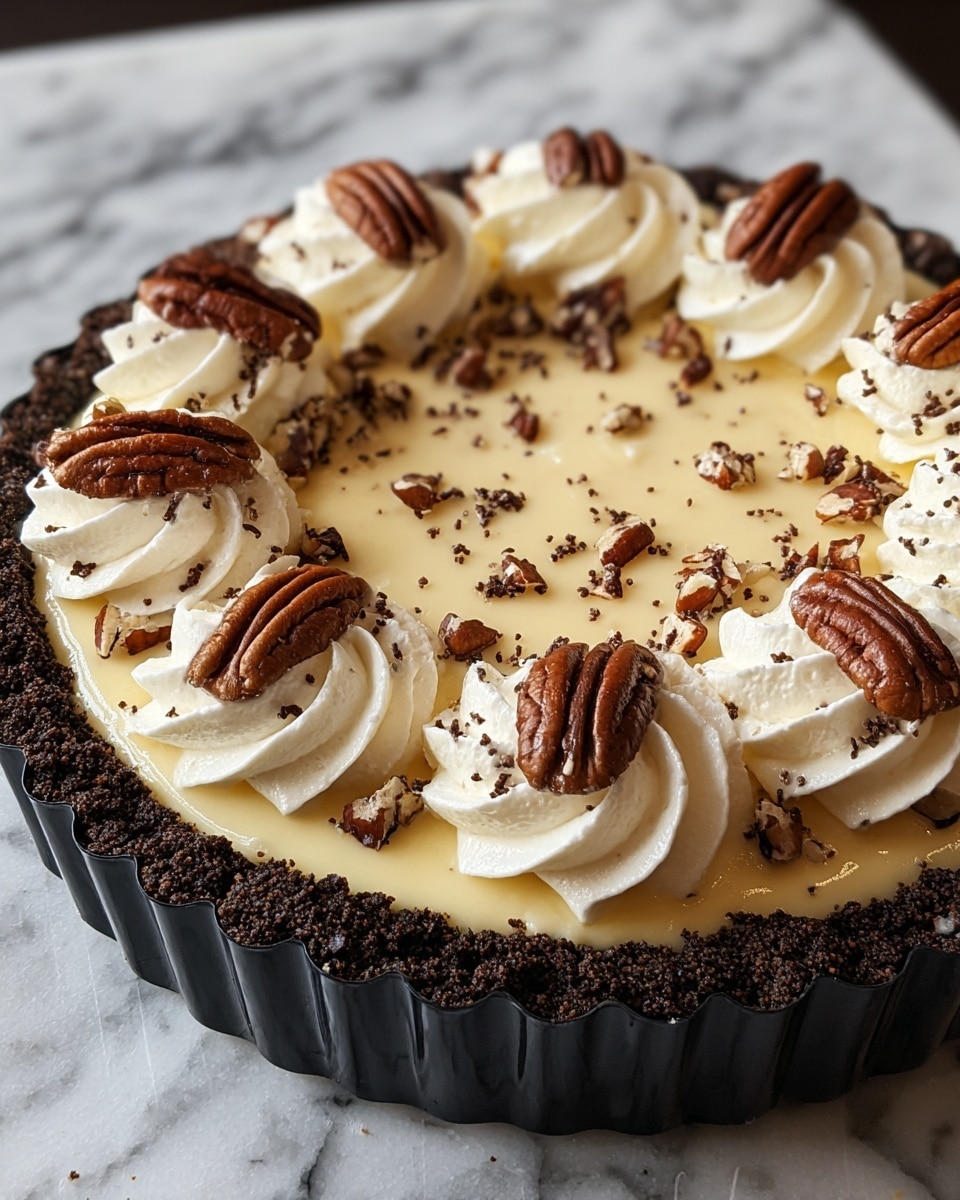 The image shows a pie with three main layers: the bottom layer is a dark, crumbly crust that looks like crushed chocolate cookies tightly packed in a fluted black pan; the middle layer is a smooth, pale yellow creamy filling; the top layer has dollops of white whipped cream piped in swirls all around, each topped with a whole shiny brown pecan and sprinkled with small chopped pecan pieces and tiny dark specks. The pie sits on a white marbled surface. photo taken with an iphone --ar 4:5 --v 7