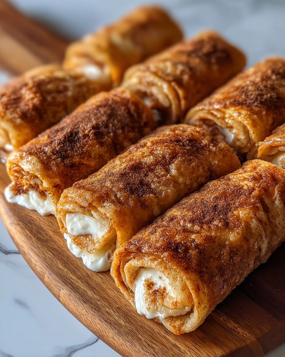 The image shows six rolled pastries arranged closely together on a wooden board placed on a white marbled surface. Each pastry has a golden-brown, crispy outer crust with a slightly shiny texture, sprinkled generously with cinnamon powder and sugar crystals. The rolls display layers with a soft, creamy filling visible at the openings, contrasting with the crispy turn of the outer layer. The pastries have a layered texture visible through the baking, with some areas showing powdered sugar or butter-like creamy spots on top. The arrangement is neat, capturing the detail and texture of the pastries up close. photo taken with an iphone --ar 4:5 --v 7