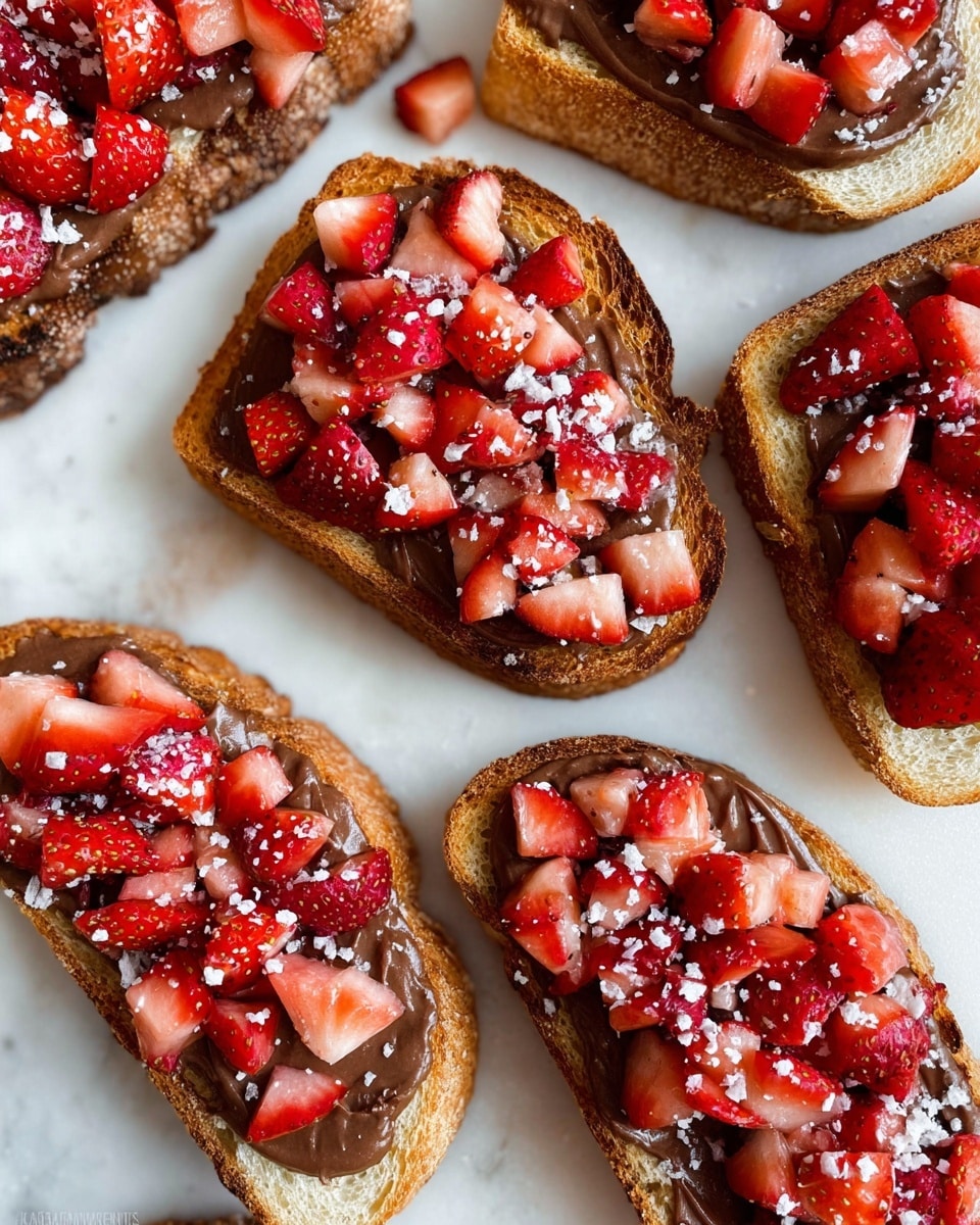 The image shows several pieces of toasted bread spread with a smooth layer of chocolate-hazelnut spread, topped with a thick layer of small, bright red and pink chopped strawberries. On top of the strawberries is a sprinkle of light, crunchy-looking bits, possibly nuts or granola, and a dusting of fine white powdered sugar. The toasted bread pieces have a golden brown crust with slightly uneven edges, arranged loosely on a white marbled surface. photo taken with an iphone --ar 4:5 --v 7