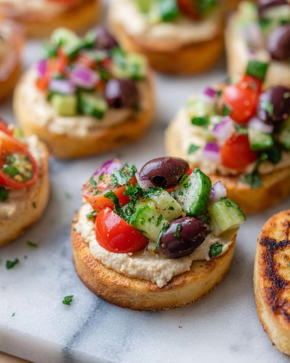 The image shows several mini flatbreads arranged on a white marbled surface, each topped with two layers. The base layer alternates between a smooth, creamy beige spread and a thicker, orange spread with a textured appearance. On top, there is a colorful fresh salad made of small pieces of green cucumber, red cherry tomato halves, finely chopped purple onion, dark purple olive chunks, and small green parsley leaves sprinkled evenly. The flatbreads are oval and slightly browned around the edges, giving a warm and inviting look. photo taken with an iphone --ar 4:5 --v 7