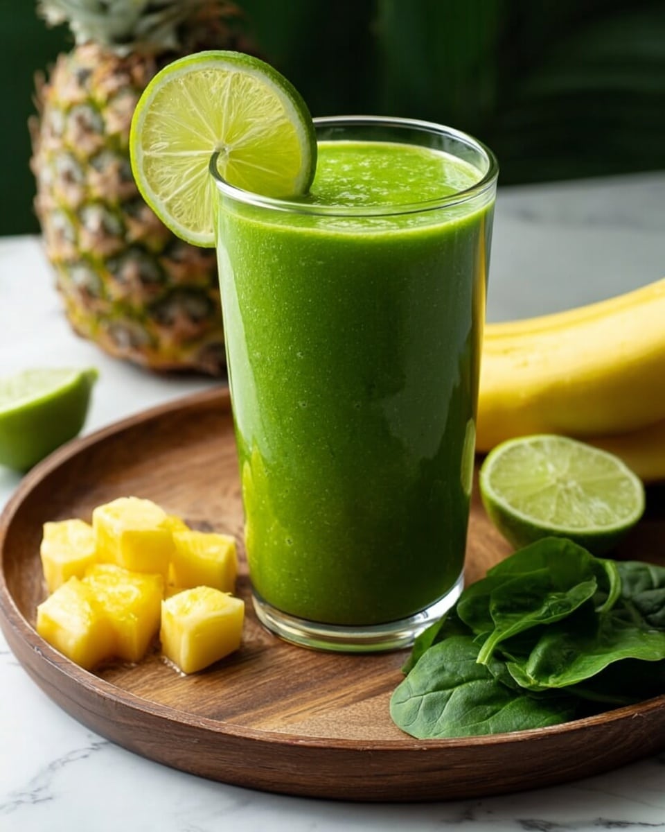 A clear glass filled with a thick green smoothie, the surface smooth and dense, with a bright green lime slice resting on the rim. The glass stands on a round wooden tray that holds fresh spinach leaves on the left, a whole yellow banana horizontally behind the glass, a whole bright green lime beside the banana, and small bright yellow pineapple chunks in front. The background is leafy green blurred foliage, and the whole scene is set on a white marbled texture. photo taken with an iphone --ar 4:5 --v 7