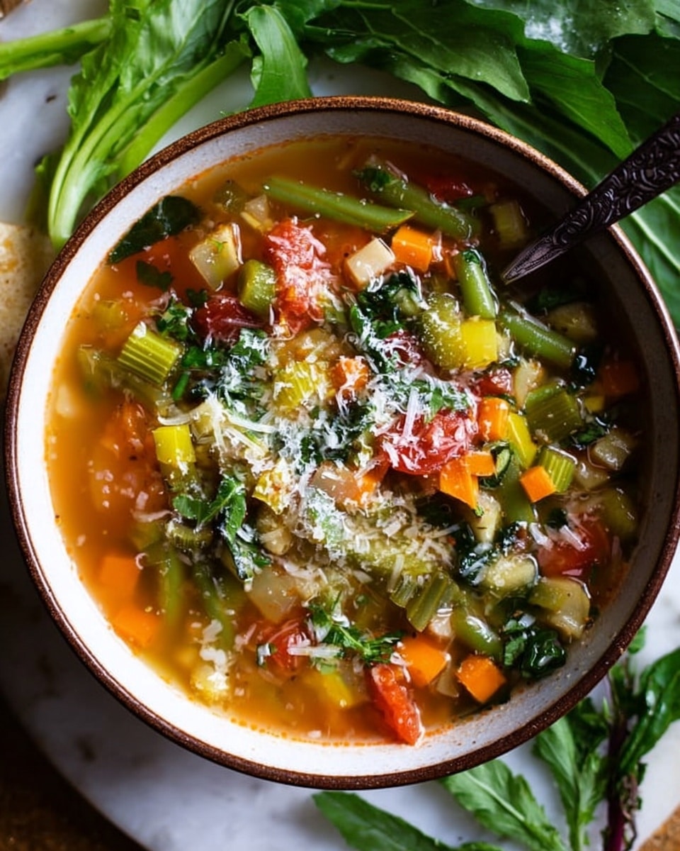 A rustic brown bowl filled with a colorful vegetable soup sits on a wooden cutting board. The soup has several layers of vibrant, chopped vegetables: small orange carrot chunks, bright green celery pieces, light yellow zucchini slices, tender green beans, and pale yellow corn kernels, all submerged in a clear broth. Fresh green parsley leaves float on top, adding a fresh touch. A metal spoon with a wooden handle rests inside the bowl, ready for serving. Around the bowl, fresh bunches of green herbs and a light green leek stalk lay naturally on the wooden surface, all against a white marbled texture background. Photo taken with an iphone --ar 4:5 --v 7
