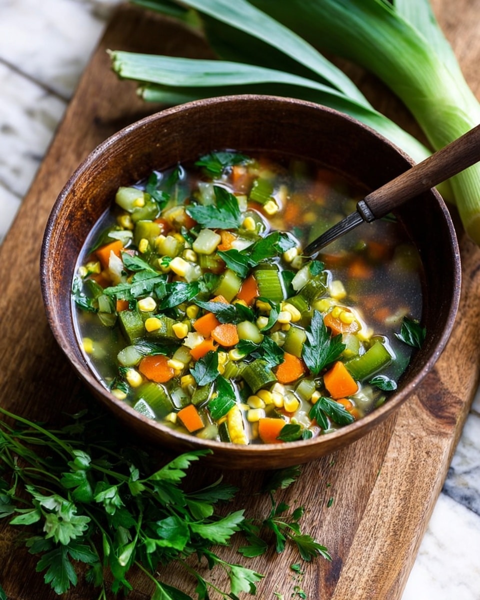 The image shows a close-up of a bowl of vegetable soup with many colorful layers. The main layer is a clear orange broth filled with pieces of bright green beans, dark green leafy parsley, diced orange carrots, yellow squash, and chunks of red tomatoes. The vegetables look fresh and soft, floating close to the surface. There is a light sprinkle of grated white cheese on top, melting slightly into the soup. The bowl is white with a brown rim and sits on a white marbled surface with some green leafy vegetables nearby. A spoon with a dark handle is inside the bowl. Photo taken with an iphone --ar 4:5 --v 7