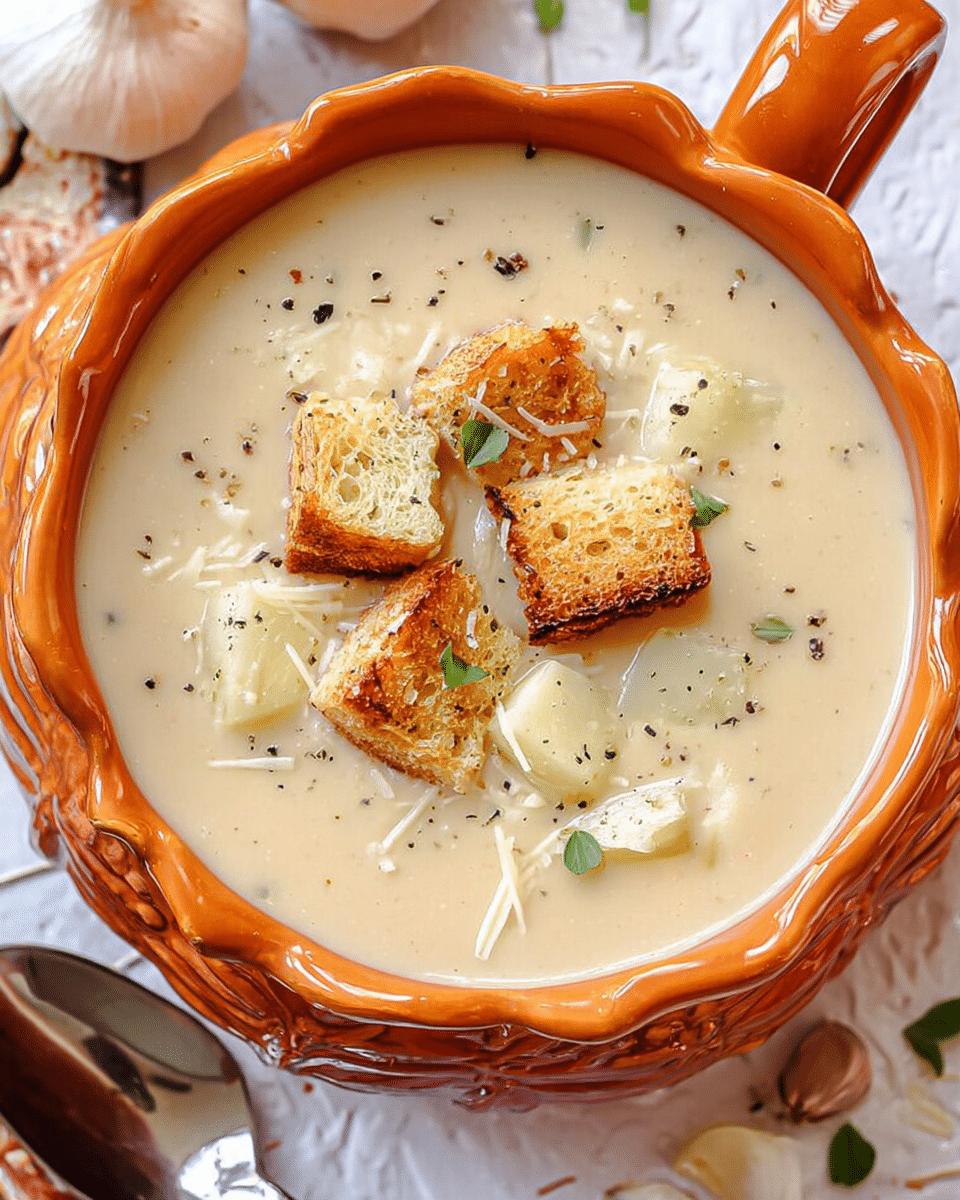A creamy, thick soup with a pale beige color fills a round orange bowl with wavy edges and a handle on the side. Floating on the surface are four golden-brown croutons with a crispy texture, sprinkled lightly with shredded cheese and small black pepper specks. There are small green herb leaves placed near the center, and a few soft chunks of potatoes are visible beneath the surface of the soup. The bowl sits on a white marbled textured surface, with some garlic bulbs and a metal spoon partly visible around it. photo taken with an iphone --ar 4:5 --v 7