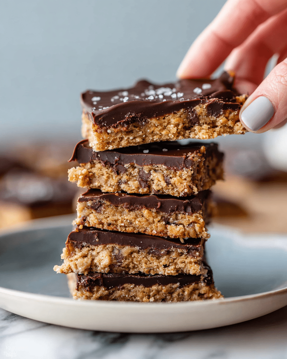 A stack of five layered chocolate-covered cookie bars sits on a white plate with a slight blue rim, resting on a white marbled surface. Each layer shows a golden-brown cookie base with a rough, slightly crumbly texture and bits of darker chocolate chips inside. The top of each cookie bar is covered with a smooth, dark chocolate layer that has a few scattered grains of flaky salt. A woman’s hand with light nail polish holds the top cookie bar above the stack, showcasing its uneven, chunky edges and glossy chocolate finish. The background is softly blurred in light tones, keeping focus on the cookie bars photo taken with an iphone --ar 4:5 --v 7