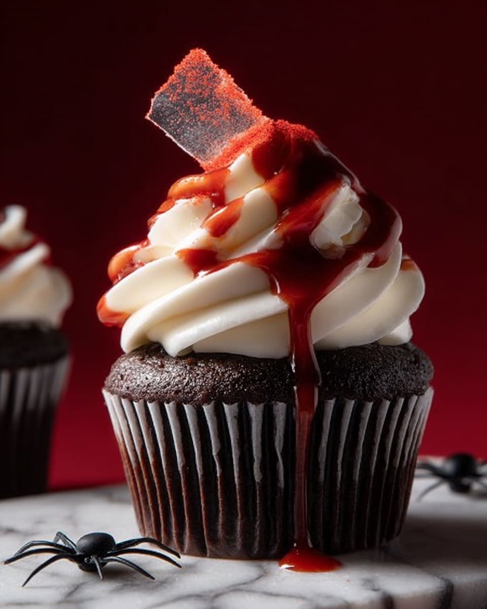 A dark chocolate cupcake with three layers—first, a moist, rich dark brown cake base wrapped in a dark ridged liner; second, a tall swirl of smooth, creamy white frosting with soft peaks; third, a shiny, deep red sauce dripping down the frosting and cake, pooling at the white marbled surface below. A clear, jagged-edged sugar shard topped with a dusting of red powder stands in the frosting. Two small black plastic spiders are on the white marbled surface near the cupcake. Photo taken with an iphone --ar 4:5 --v 7
