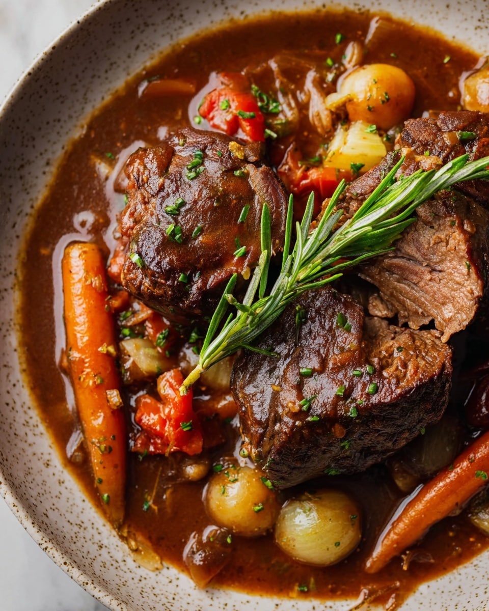 A white bowl filled with four large pieces of dark brown cooked meat, two of which have toothpicks, showing a rich texture with some caramelized spots; one piece is broken open to reveal tender grayish-brown meat inside. The bowl contains a thick reddish-brown sauce with visible small round white onions, orange carrot chunks, and sprinkles of green herbs. One piece of meat is garnished with a small sprig of fresh green rosemary, adding contrast. The sauce has some grainy textures from lentils or spices, and the edges of the bowl show sauce splatters. The whole scene is set against a white marbled surface. photo taken with an iphone --ar 4:5 --v 7