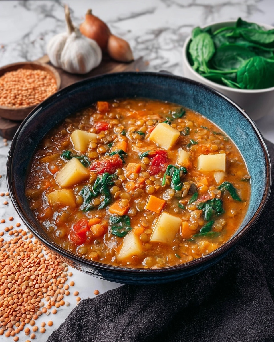 A deep blue bowl filled with a thick lentil and vegetable stew sits on a white marbled surface. The stew has several layers visible: the base is an orange-brown thick broth with soft, tender lentils, bright orange carrot chunks, soft pale potato cubes, and small pieces of red tomato. Green spinach leaves are scattered throughout, adding contrast. Around the bowl are dry brown lentils and two garlic bulbs in the background, along with a small white bowl filled with fresh spinach leaves. The scene includes a dark textured cloth casually placed nearby. Photo taken with an iphone --ar 4:5 --v 7