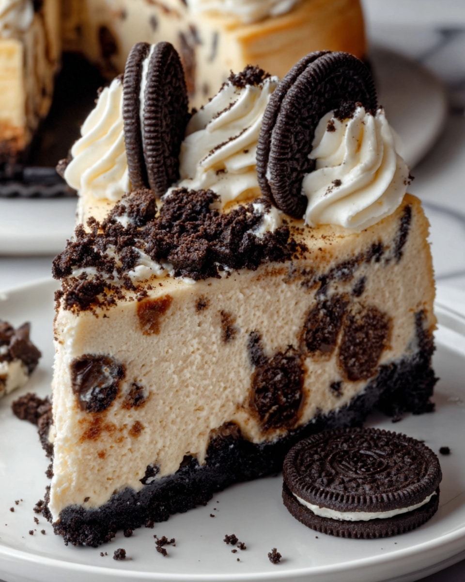 A close-up view of a slice of cookies and cream cheesecake placed on a white plate with two whole sandwich cookies beside it. The cheesecake has three clear layers: the bottom layer is a dark black cookie crust, the thick middle layer is creamy light beige cheesecake filled with chunks of dark cookies, and the top layer is a smooth, light cream with dark cookie crumbles scattered on one side. On top, three swirls of white whipped cream each hold one half of a sandwich cookie standing vertically. The scene is set against a white marbled texture. photo taken with an iphone --ar 4:5 --v 7