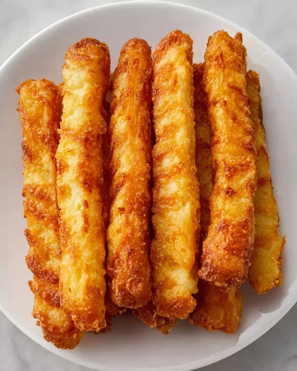 The image shows a white plate with eight golden-brown fried sticks lined up side by side, slightly overlapping each other. Each stick has a crispy, textured surface with a crunchy, uneven coating that looks slightly darker on the edges. The sticks have a uniform shape and size, with a rough, crunchy appearance that suggests they are deep-fried. The plate sits on a white marbled surface, adding a clean and simple background to highlight the warm colors of the fried sticks. photo taken with an iphone --ar 4:5 --v 7