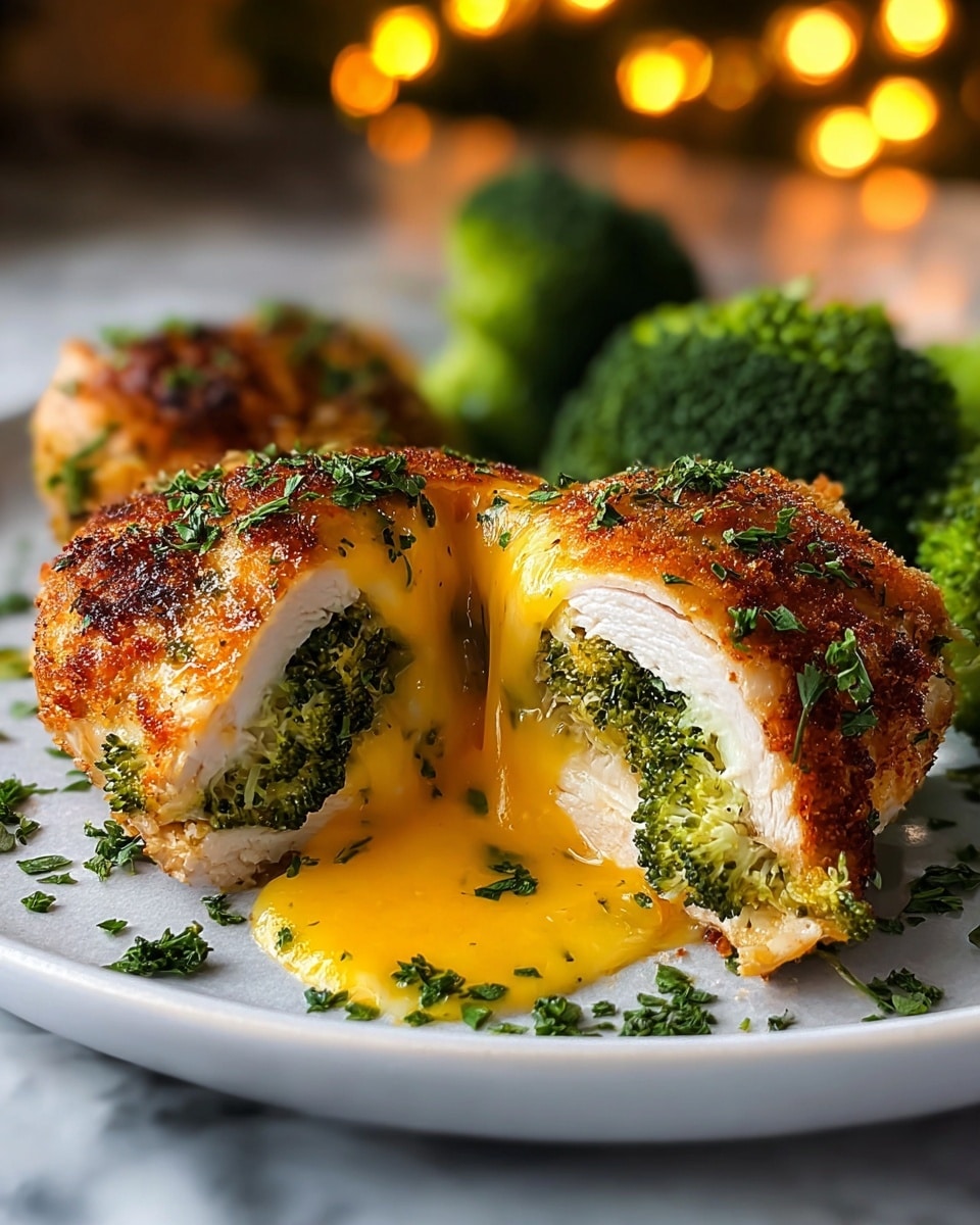 The image shows a close-up of a crispy golden-brown chicken breast stuffed with bright green broccoli and melted yellow cheese flowing out from the center. The chicken is garnished with chopped fresh green herbs scattered on top and around it. In the background, there are whole pieces of vibrant green broccoli, all placed on a white plate set on a white marbled surface with warm blurry lights in the distance. The textures highlight the crunchy outside of the chicken and the smooth melted cheese inside with soft broccoli. Photo taken with an iphone --ar 4:5 --v 7
