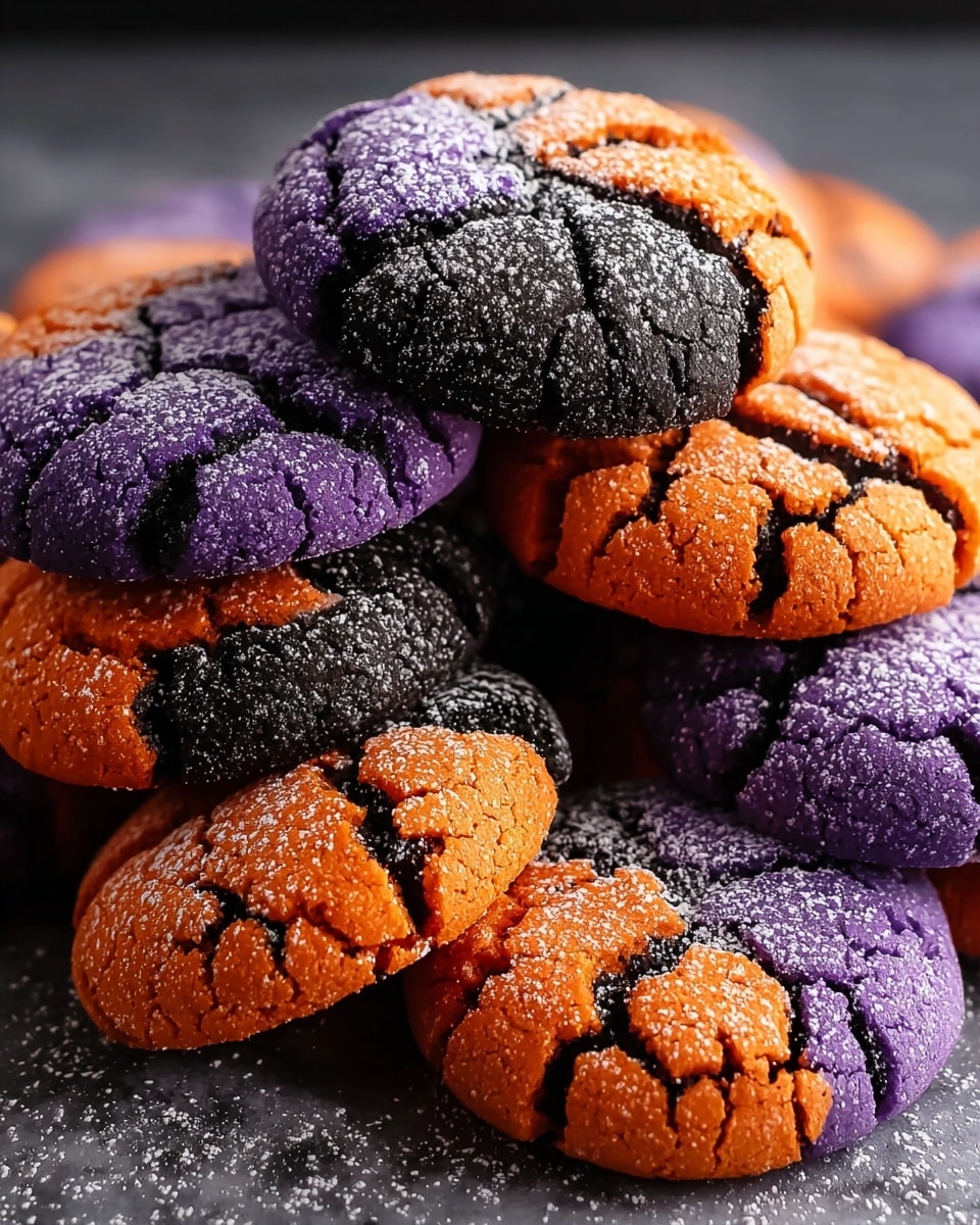A close-up of a stack of cracked cookies in two colors, arranged randomly on a white marbled surface. The cookies have one main layer with a rough, crackled texture. Half are bright orange with deep black cracks running across them, and the other half are vivid purple with equally deep black cracks. A light dusting of powdered sugar covers the tops of the cookies, adding a sparkly white contrast to the bright colors. The lighting highlights the rough surface and sugar crystals, making the cookies look soft and fresh. Photo taken with an iphone --ar 4:5 --v 7