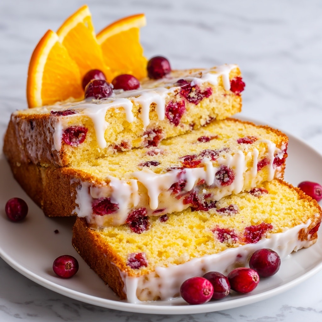 This image shows several slices of a yellow cake with bright red cranberries baked inside and on top. The cake has two visible layers of moist yellow sponge mixed with whole cranberries and a light drizzle of white icing on the surface. The texture looks soft and moist with small, round cranberries peeking through in each slice. The cake slices are placed on a white plate with a few fresh cranberries scattered around and three thin slices of orange placed behind the cake. The background is a white marbled texture. photo taken with an iphone --ar 4:5 --v 7