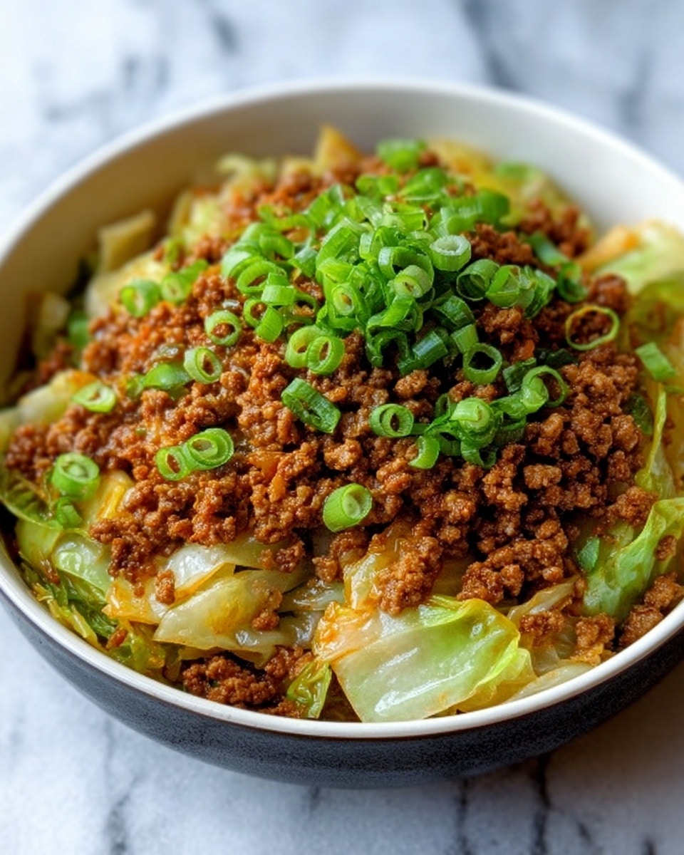 A white bowl filled with a dish that has multiple layers: the base layer is soft, cooked cabbage leaves with a pale green color and slightly translucent texture, mixed throughout with small pieces of golden-brown cooked onions. On top of this layer is a generous amount of cooked minced meat that has a rich brown color and slightly crumbly texture. Scattered on the very top are bright green chopped scallions that add a fresh, vibrant color contrast. The bowl is set on a white marbled surface. photo taken with an iphone --ar 4:5 --v 7