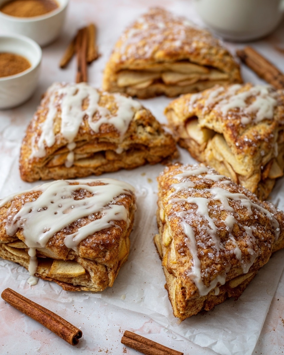 The image shows several triangular apple cinnamon scones arranged on a white parchment paper over a white marbled texture surface. Each scone has multiple visible layers of golden-brown baked dough filled with thin slices of apple and a sprinkle of cinnamon, giving them a slightly textured and flaky look. Some scones are topped with a thick white glaze that drips down the sides, while others have a topping of coarse sugar crystals that sparkle under the light. Near the scones are a few cinnamon sticks, adding to the rustic feeling of the scene. In the blurred background, there are small white bowls with cinnamon and sugar. Photo taken with an iphone --ar 4:5 --v 7