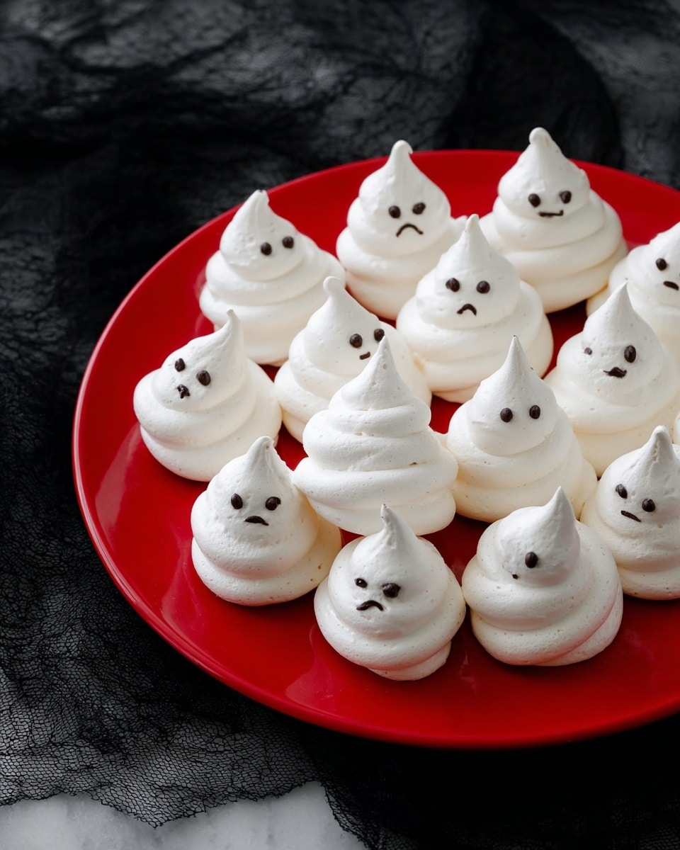 A bright red round plate holds about fifteen small white meringue cookies shaped like little ghosts. Each ghost has a smooth, swirled base with a pointed top, and small black dot eyes and mouth faces drawn on them, with one ghost showing a sad face. The plate sits on a white marbled texture surface, with the meringues piled slightly on top of each other, showing their light and fluffy texture clearly. photo taken with an iphone --ar 4:5 --v 7