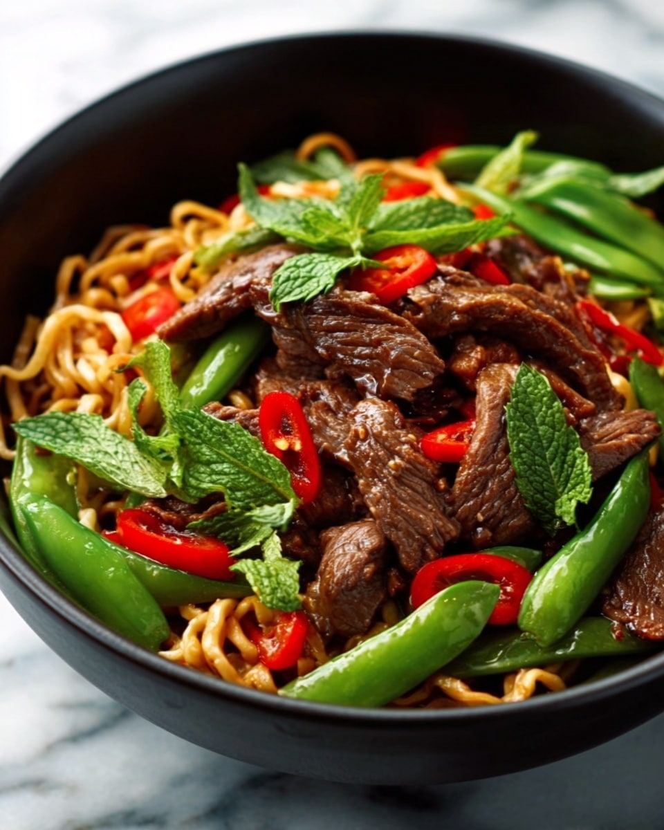 A dark bowl filled with a colorful stir-fry dish placed on a white marbled surface. The dish has three main layers: the bottom layer is a bed of golden-brown noodles, soft and slightly shiny. On top of the noodles are tender slices of dark brown cooked beef, glistening with sauce. Scattered across the dish are bright green snap peas and fresh mint leaves, with thin red chili slices adding pops of red. The colors and textures create a fresh and lively look, with the beef and veggies contrasting nicely with the noodles. photo taken with an iphone --ar 4:5 --v 7