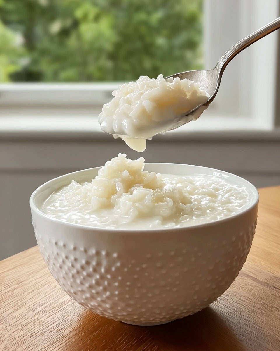 A white textured bowl is filled with milky white rice pudding showing soft, wet grains fully immersed in the creamy liquid. Part of the pudding is scooped up on a shiny silver spoon above the bowl, revealing a thick, gooey texture with slightly translucent plump rice grains. The bowl sits on a wooden table in front of a window with blurred green trees outside, and the background is a soft white marbled texture. The lighting is soft and natural, highlighting the creaminess and shine of the pudding. photo taken with an iphone --ar 4:5 --v 7