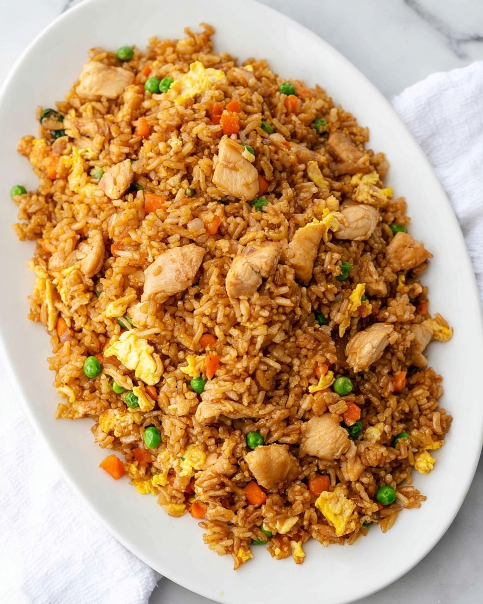A white oval plate is heaped with fried rice that has a rich golden-brown color from soy sauce, mixed with orange carrot bits, small green peas, and light yellow scrambled egg pieces. There are multiple chunks of light brown cooked chicken scattered throughout the rice. The texture looks soft and slightly oily, with individual grains of rice visible and mixed evenly with the ingredients. The plate rests on a white marbled surface with a white cloth visible in the background. photo taken with an iphone --ar 4:5 --v 7