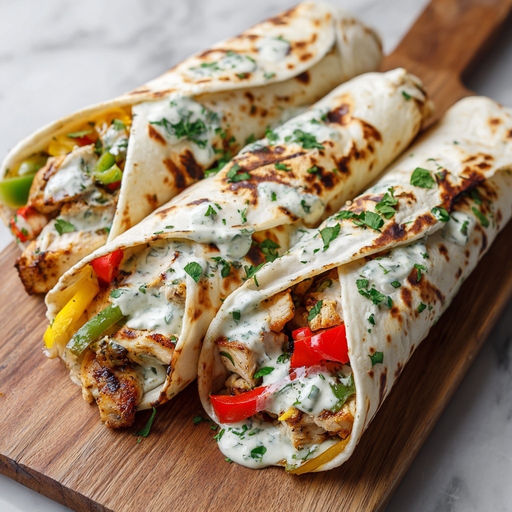 The image shows three wrapped burritos placed closely together on a wooden board with a white marbled surface underneath. Each burrito has a toasted, slightly browned thin flatbread with a spread of white sauce sprinkled with green herbs on the outside. Inside, visible layers include chunks of grilled chicken, pieces of red, yellow, and green bell peppers, and some sauce mixed with herbs, giving a creamy texture. The burritos look fresh, with the fillings peeking out from the open ends, showing a colorful mix of grilled and saucy textures. Photo taken with an iphone --ar 4:5 --v 7