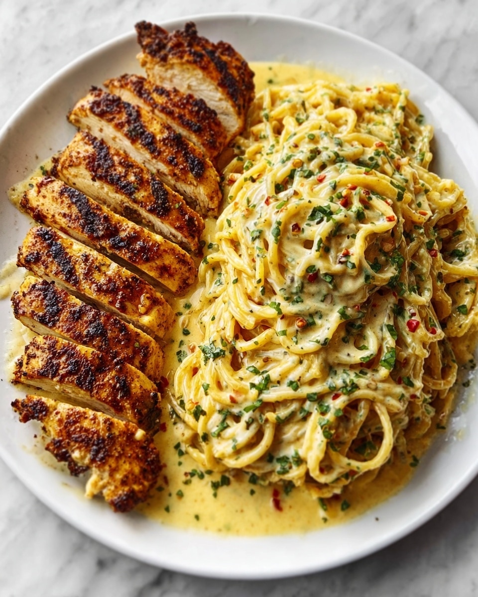The image shows a white plate with two main layers. On the left side, there are several slices of grilled chicken breast, each piece golden brown with dark grill marks and a slightly crispy texture. On the right side, there is a large pile of creamy spaghetti pasta coated in a white sauce, sprinkled with green herbs and black pepper, giving it a speckled look. The creamy sauce appears thick and smooth, covering the pasta evenly. The plate is set on a white marbled surface. Photo taken with an iphone --ar 4:5 --v 7