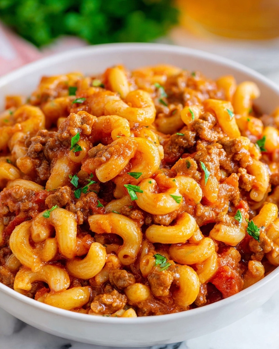 The image shows a white bowl filled with a three-layer dish: the bottom layer is red tomato sauce with small bits of cooked green bell peppers; the middle layer is chunky browned ground beef mixed with diced tomatoes; the top layer consists of elbow macaroni coated in a rich orange-red sauce, garnished with a few sprinkles of green herbs. A woman’s hand is holding a metal spoon scooping up some of the dish. In the blurred background, a glass filled with a golden drink, a green bell pepper, and some fresh salad can be seen. The surface beneath the bowl has a white marbled texture. Photo taken with an iphone --ar 4:5 --v 7